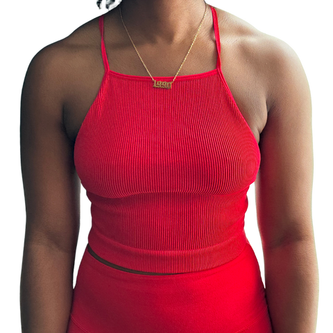 Ribbed Seamless Criss Cross Cami Top- Ruby