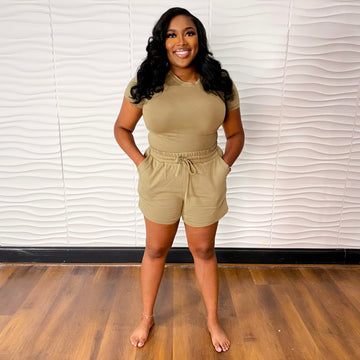 Essential Cotton Short Sleeve Tee and Drawstring Short Set | Khaki