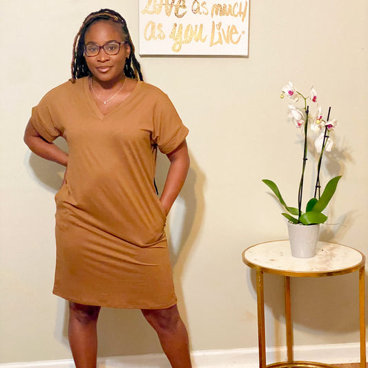 V-Neck T-Shirt Dress with Pockets - Deep Camel