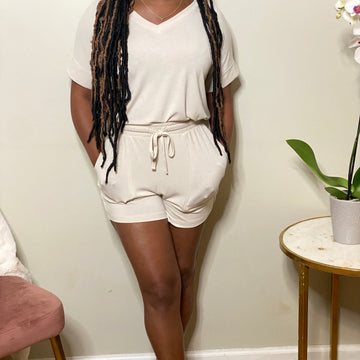 V-Neck Tee & Drawstring Short Set with Pockets - Sand Beige